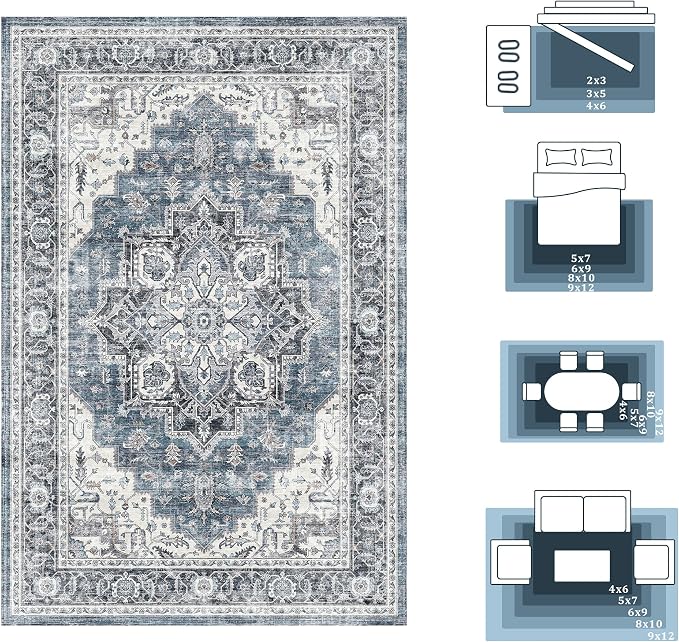 8x10 Area Rug for Living Room Large Vintage Distressed Area Rug | Non-Slip, Retro Print, Low Pile, Stain Resistant Carpet, Soft Easy Clean Blue Area Rug, for Bedroom, Dining Room, Playroom