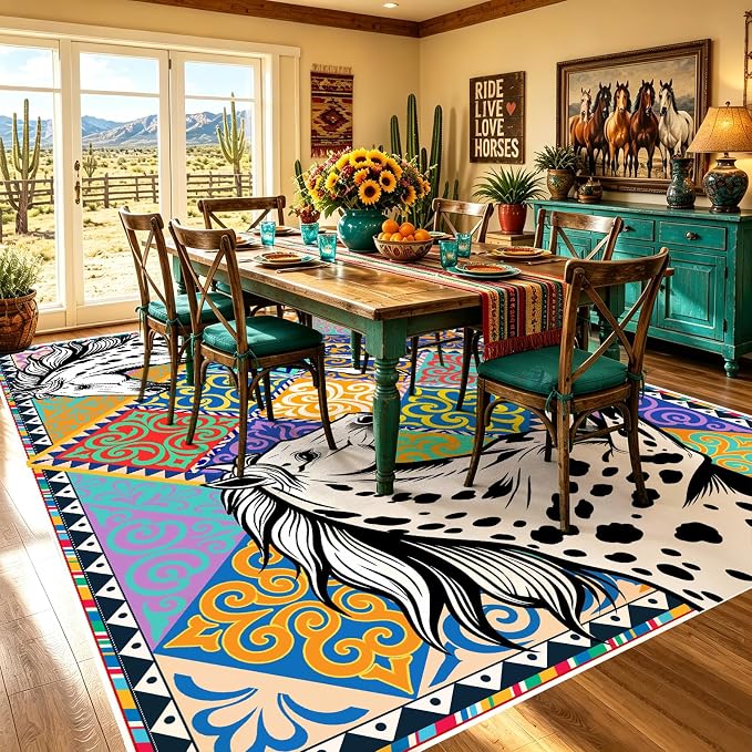 Vintage Appaloosa Horse Rug 5x7 Area Rug for Living Room ﻿ | Animal Print Rug, Boho Ethnic Geometric Pattern Rug, Non-Slip TPE Backing, Stain Resistant for Bedroom Dining Room Playroom