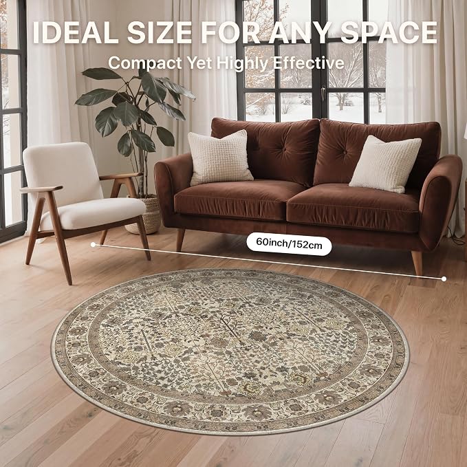 5ft Round Area Rug 5x5, Washable Non Slip, Dark Espresso | Vintage Floral, Spill Resistant, Lightweight Low Pile Non-Shedding Carpet for Bedroom, Nursery and Kitchen
