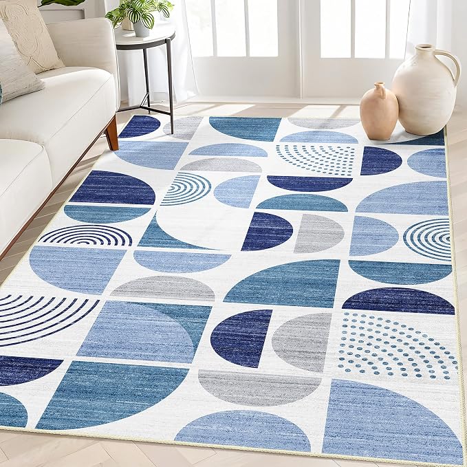 Blue Rug Boho Washable,4x6.5 Area Rugs for Bedroom Entryway Living Room Bedside,Small Throw Floor Carpet Non Slip Soft Indoor Modern Abstract Navy Blue