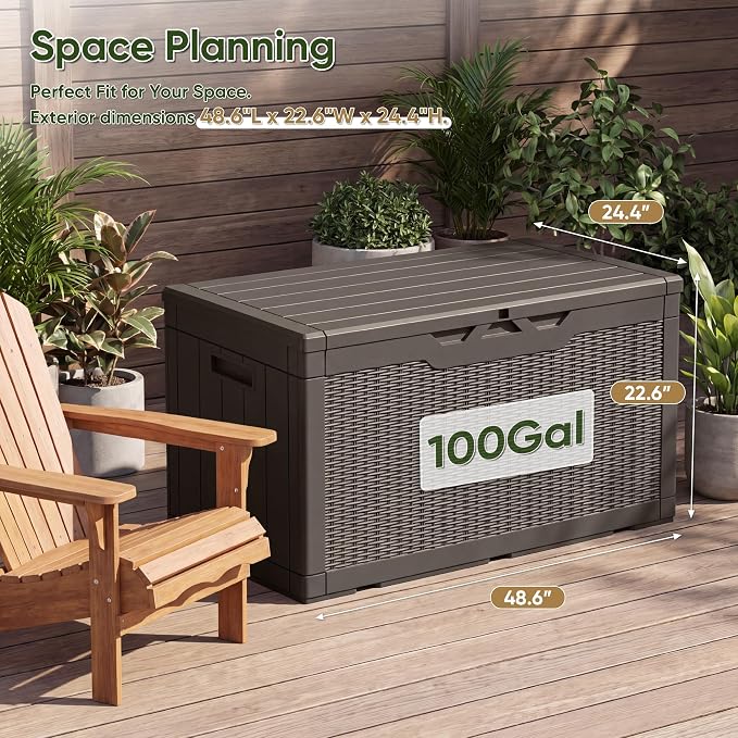 Flamaker Outdoor Storage Box 100 Gallon Waterproof Resin Deck Box Delivery with Air Rod Indoor Outdoor Lockable Storage Bench for Patio Cushions, Tools, Pool Accessories (Deep Brown)