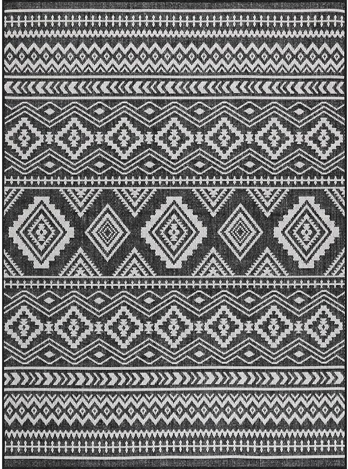Beverly Rug Waikiki Boho Indoor Outdoor Rug 10x14, Washable Outside Carpet for Patio, Deck, Porch, Bohemian Area Rug, Farmhouse Rugs, Aztec Tribal Rug, Black and White
