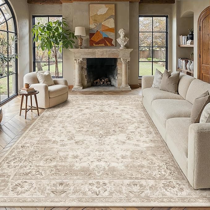 Beige Area Rug 8x10 Living Room Neutral Vintage Non-Slip Carpet | Machine Washable, Soft, Low Pile, Distressed, Large for Bedroom, Dining Room, Office, Retro Home Decor