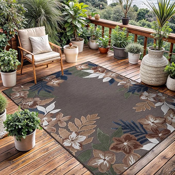 Outdoor Rug 9x12 Washable Area Rugs Indoor Outdoor Carpets Brown Border Floral Non Shedding Waterproof Easy Clean Patio Deck Porch Living Room Bedroom Garden RV (9 X 12 Brown)
