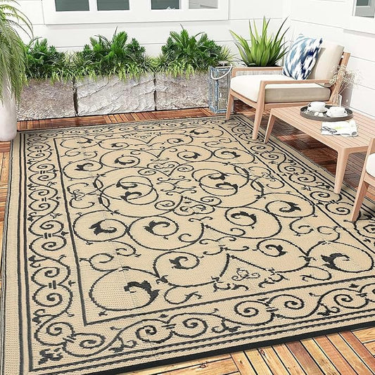 Garvee 9x12 Outdoor Rug for Patio Plastic Straw Rug Waterproof Reversible Mat Lightweight Foldable Carpet Easy Clean Large Rugs for Patio Porch Backyard Camping RV Beach Balcony Deck Vintage Beige