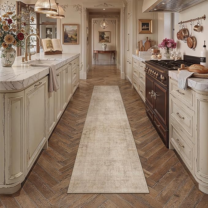 2x8 Beige Vintage Runner Rug | Washable, Non Slip, Soft Low Pile, Neutral Farmhouse, for Hallway Kitchen Laundry Bathroom Bedroom Living Room Home Decor