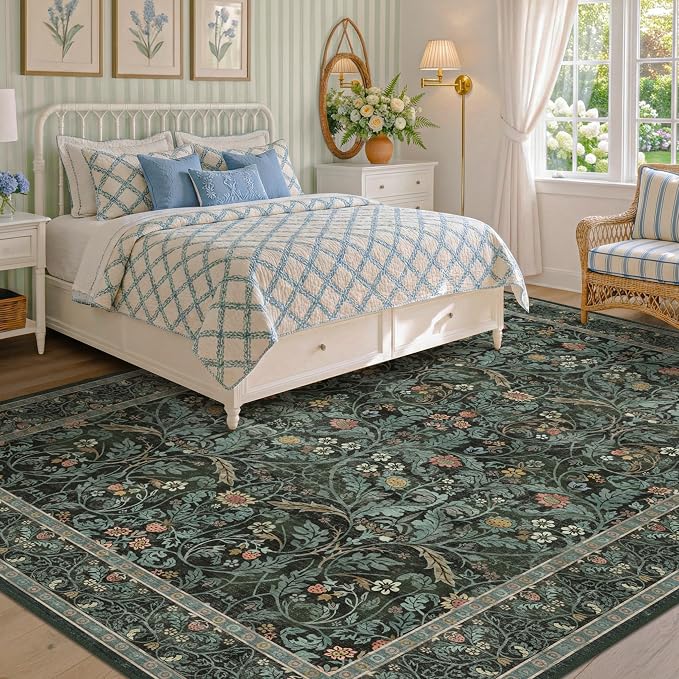 Washable Area Rug 9x12 Living Room, Ultra Soft Dark Floral Large Washable Rugs for Bedrooms, Dining Room, Moody Woodland Low Pile & Non Skid Indoor Floor Carpets (Dark Green)