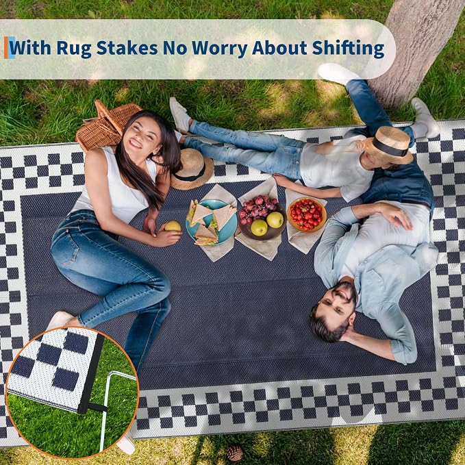 9x12 Outdoor Rug Waterproof Foldable Plastic Straw Carpet for Patio Porch Modern Geometric Border Reversible Mat Lightweight Floor Mat for Picnic, Backyard, Rv, Deck, Camper, Balcony，Blue