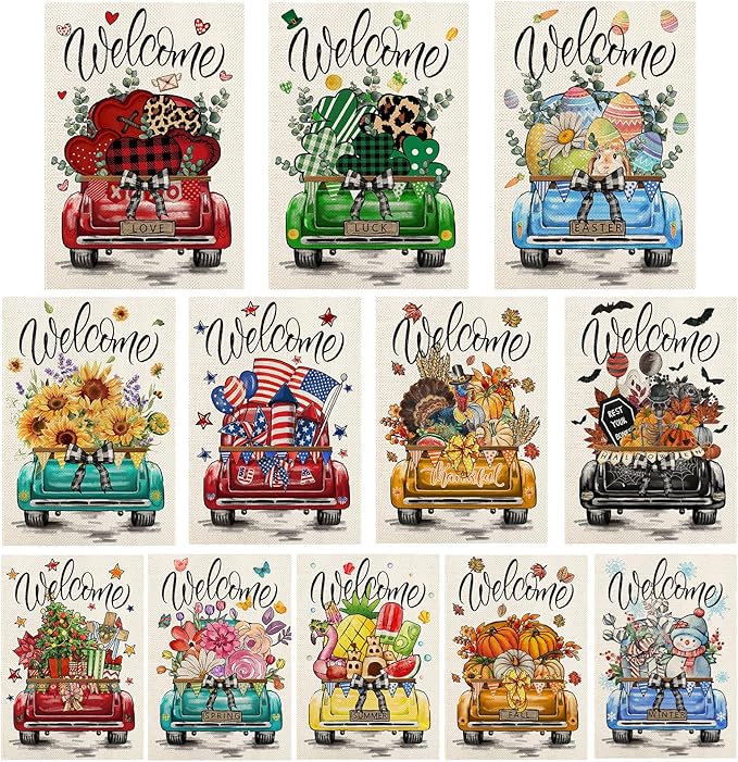 Rustic Truck Garden Flags for Outside Set of 12, Car Welcome Seasonal Garden Flags 12x18 Double Sided for All Seasons and Holidays, Winter Spring Outside Decorations for Yard