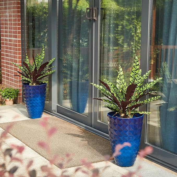 Glitzhome 19.75" H Oversized Tall Planter,Modern Set of 2 Textured Gradient Cobalt Blue Round Garden Plant Pots with Drainage Holes Flower Containers for Indoor Outdoor, Front Door, Patio and Deck