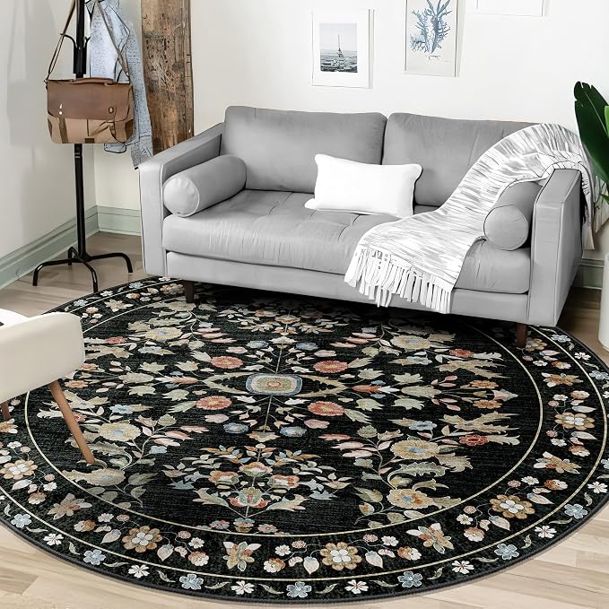Round Rugs 6ft Circle Area Rug Washable Non Slip Ultra-Thin Floral | Machine Washable Large Circular Throw Carpet for Living Room Dining Room Floor Indoor Low Pile Boho Vintage Black