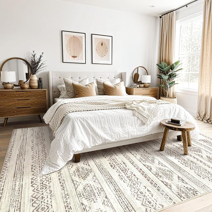 Tortania Area Rug Living Room Rugs - 9x12 Washable Large Soft Neutral Boho Moroccan Bohemian Farmhouse Rug Indoor Floor Carpet for Bedroom Under Dining Table Home Office Decor - Brown
