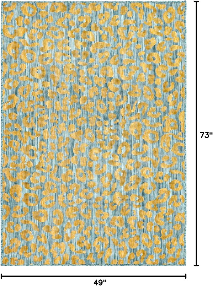 Unique Loom Outdoor Safari Collection Area Rug - Leopard (4' 1" x 6' 1" Rectangle, Blue Yellow/ Blue)