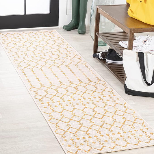 JONATHAN Y Moroccan Geometric Indoor Outdoor Runner Rug 2X8 Cream/Yellow, Ourika Textured Weave for Backyard, Patio, Porch, Easy-Cleaning, High Traffic, Pet-Friendly, Non-Shedding (SMB108J-28)