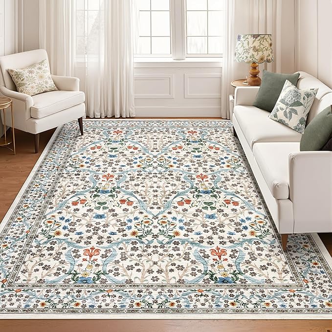 GarveeHome Beige Floral 8x10 Washable Area Rug for Living Room Bedroom | Vintage Washable Low-Pile Non-Slip Carpet Soft Stain Resistant Rugs for Large Room Botanical Boho Rug TPE Backing