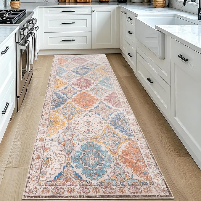 Moroccan Vintage Distressed Boho Geometric Colorful 2x6 Runner Rug | Floral Washable Non Slip Throw Floor Long Carpet Runner for Hallway Entryway Kitchen Bathroom Bedroom Livingroom Rug