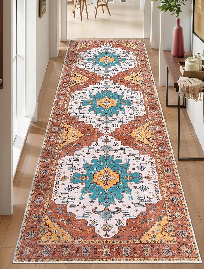 SERISSA 2'6"x10' Washable Non Slip Boho Runner Rug for Hallway，Orange | Ultra Soft Vintage Oriental Carpet Low-Pile Distressed Tribal Floor Carpet for Kitchen Bedroom Bathroom Laundry Room