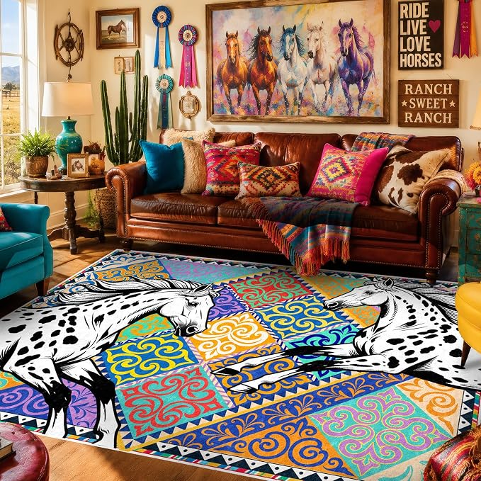 Vintage Appaloosa Horse Rug 5x7 Area Rug for Living Room ﻿ | Animal Print Rug, Boho Ethnic Geometric Pattern Rug, Non-Slip TPE Backing, Stain Resistant for Bedroom Dining Room Playroom
