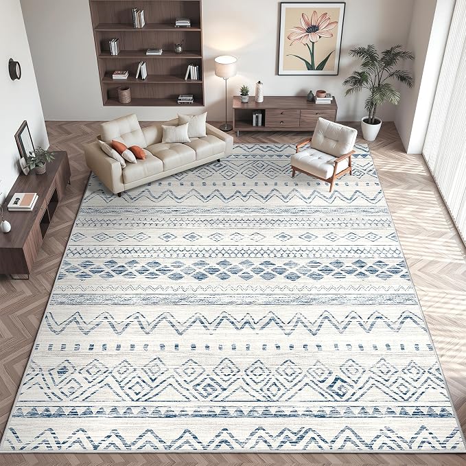 Miukiki 8x10 Area Rug for Living Room, Washable Soft Non Slip Rug Blue | Moroccan Large Indoor Rug for Kitchen Bedroom Dining Room Office, Low Pile Soft Floor Carpet Home Decor 8'x10'