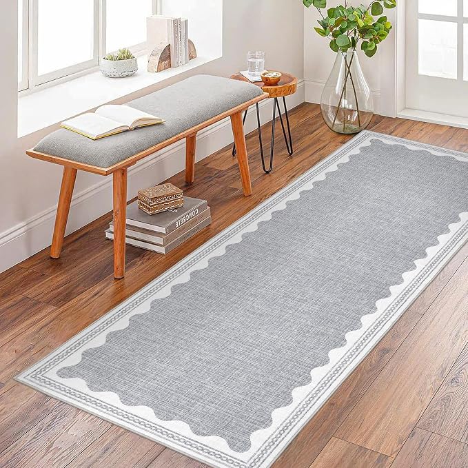 2x6 Scalloped Runners Grey Washable Hallways Bedroom Rug | Solid Non Slip Scalloped Bath Runner, Rugs for Bedroom Girls, Rugs for Kitchen Floor Soft Dorm Nursery Carpet for Bedside