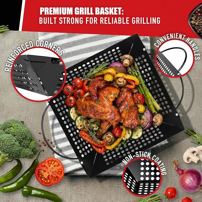 Qetumst Large 3 Piece Grill Basket Set for Outdoor Grill, Heavy Duty Veggie Grilling Pan with Riveted Handles, Warp Resistant Nonstick BBQ Accessories for Vegetables, Seafood & Meat