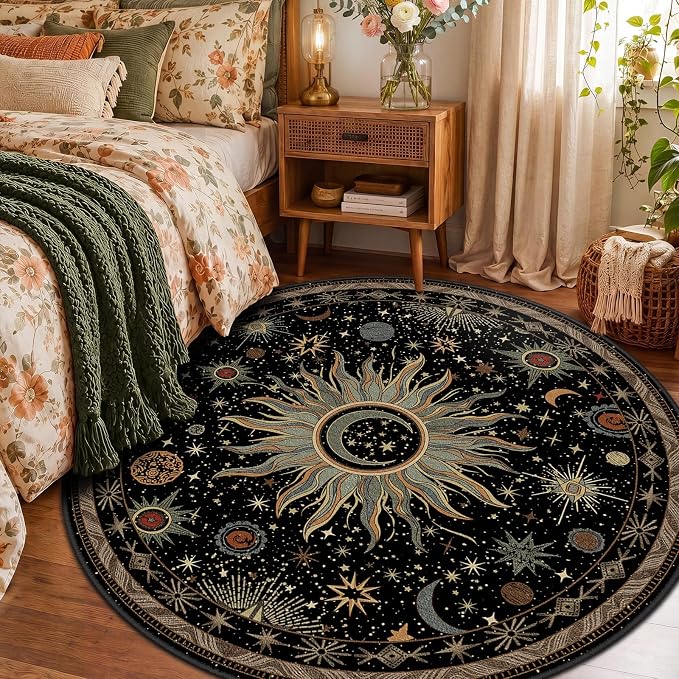 Vacuum-Friendly, Round 6ft Washable Area Rug, Black Green Beige | Sun and Moon Boho Gothic Non-Slip Low Pile Living Roon Bedroom Dining Room Kitchen Entry Entryway Entrance Hallway Doormat