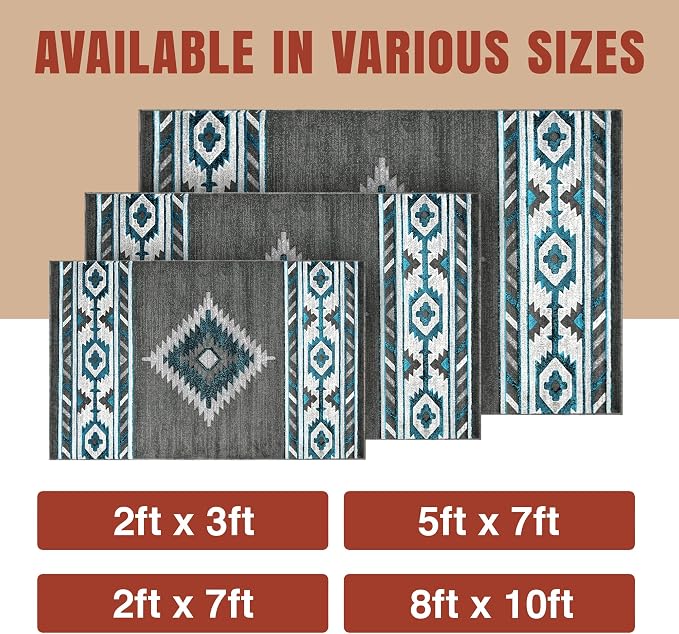 YHSF Southwestern Area Rug - Anti Static & Washable - Graphite, 2 ft x 7 ft | Soft Native American Tribal Floor Rugs for Living Room, Bedroom, Hallways, and More - Easy-to-Clean Home Decors