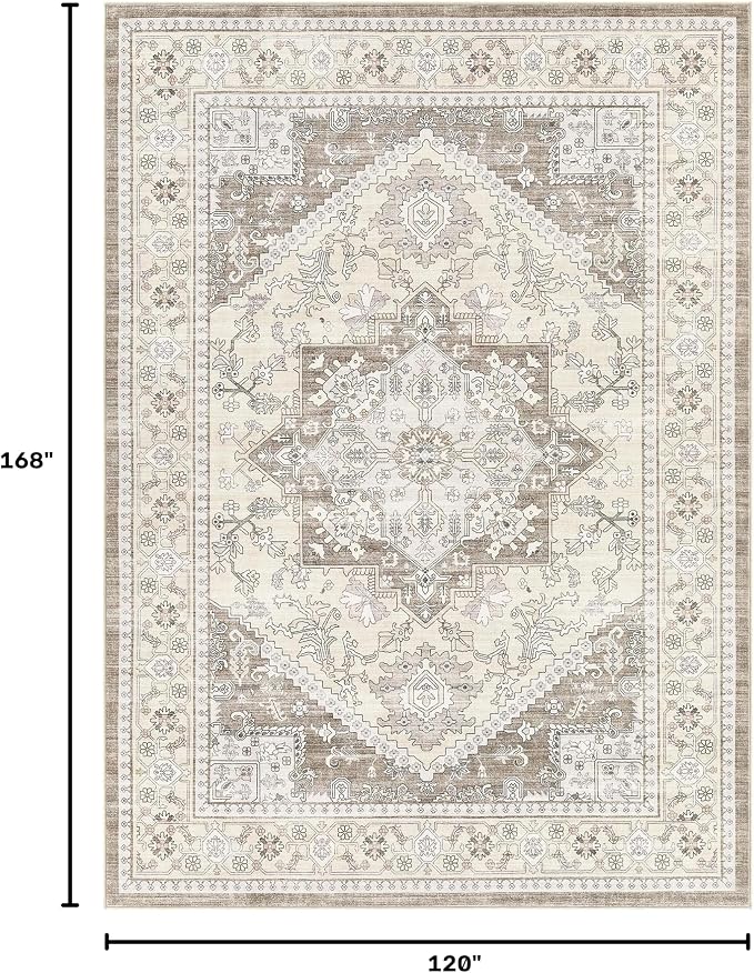 Washable Area Rug-10X14 Vintage Neutral Soft Brown | Non Slip Thin Foldable Large Floor Carpet for Living Room Bedroom Kitchen Dining Room Home Office Farmhouse Indoor