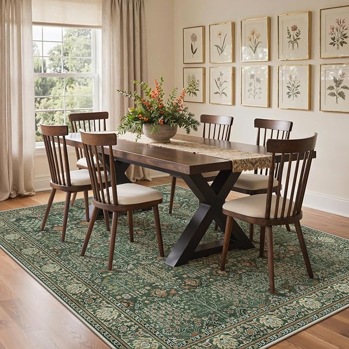 Washable Rugs 8x10 for Living Room, Low Pile, Forest Green | Vintage Distressed Design Area Rug, Spill Resistant Lightweight Non-Shedding Carpet for Bedroom, Dining Room, Office