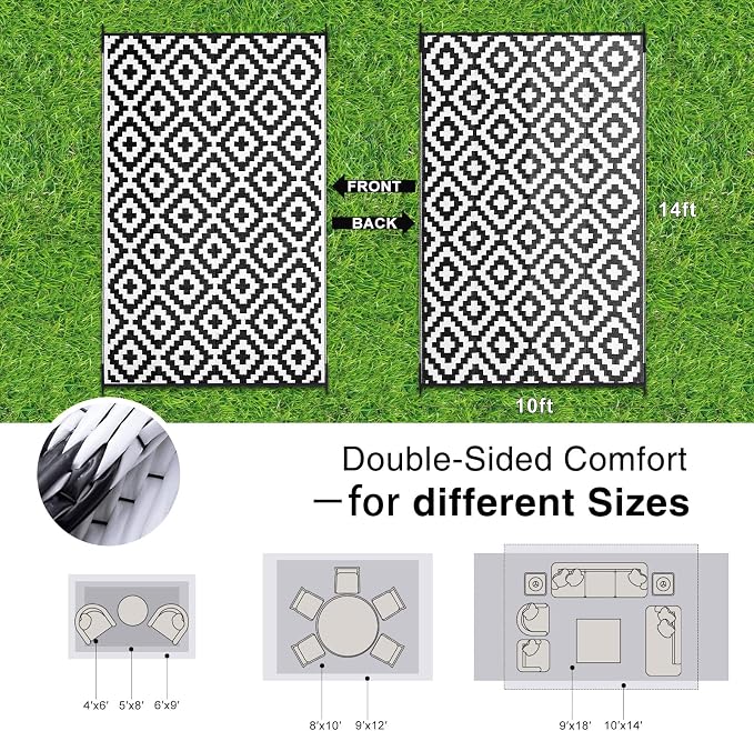 OLANLY Waterproof Outdoor Rug 10x14 ft, Outdoor Plastic Straw Rug for Camping, RV Mat Outside, Indoor Outdoor Carpet for Porch, Deck, Backyard, Balcony, Picnic, Black & White
