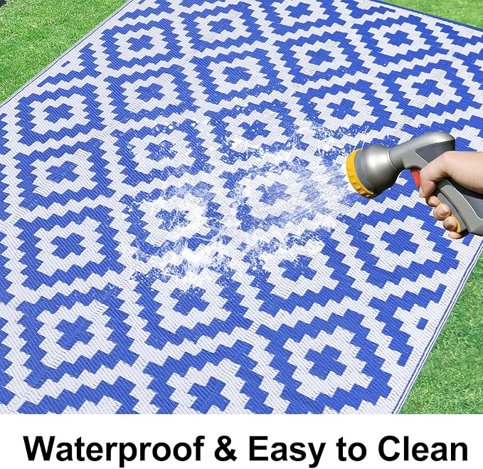 Smiry Waterproof Outdoor Rug 10X14 ft, Reversible Plastic Straw Patio Camping Rugs, Outdoor Indoor RV Mat Carpet for Patio, Outside Entry, Backyard, Deck, Bench, Picnic, Camper, White & Blue
