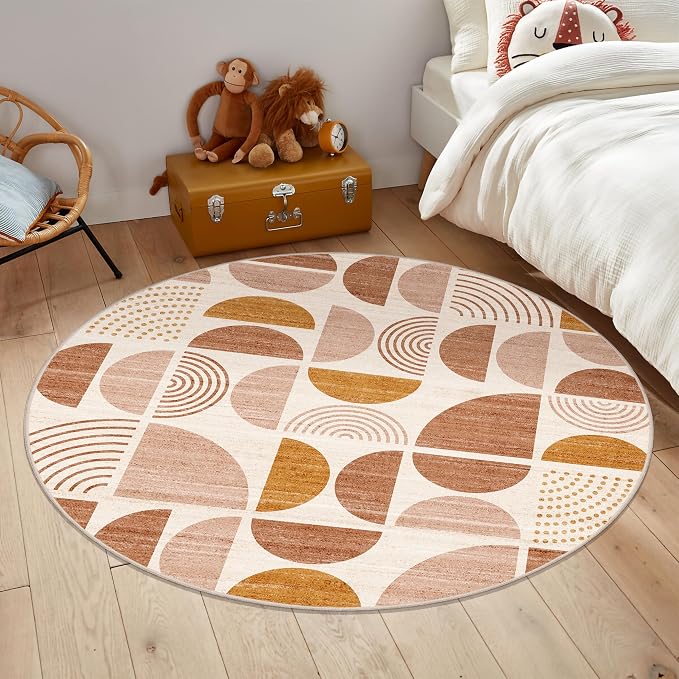 Round Rugs 5ft,Circle Area Rug Washable Non Slip Modern Abstract Boho | Circular Rugs for Bedroom Living Room Dining Room Throw Carpet Soft Low Pile Floor Indoor Bohemian Orange