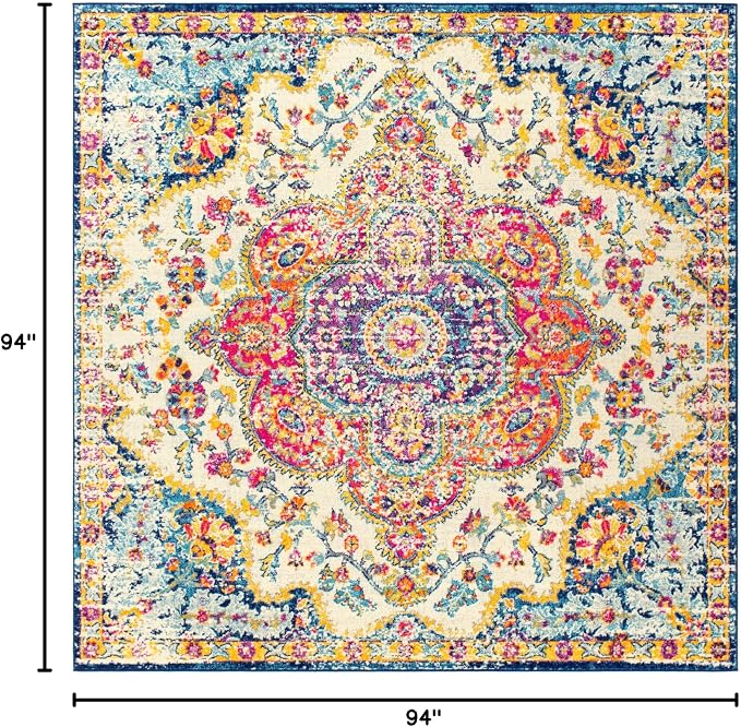 Livabliss Area Rugs - 8x8 Romaine Vintage Boho Fuchsia Mustard Blue Square Area Rug for Living Room Bedroom - Floral Medallion Stain Resistant Carpet for Kitchen, Nursery, Office (7'10" Square)
