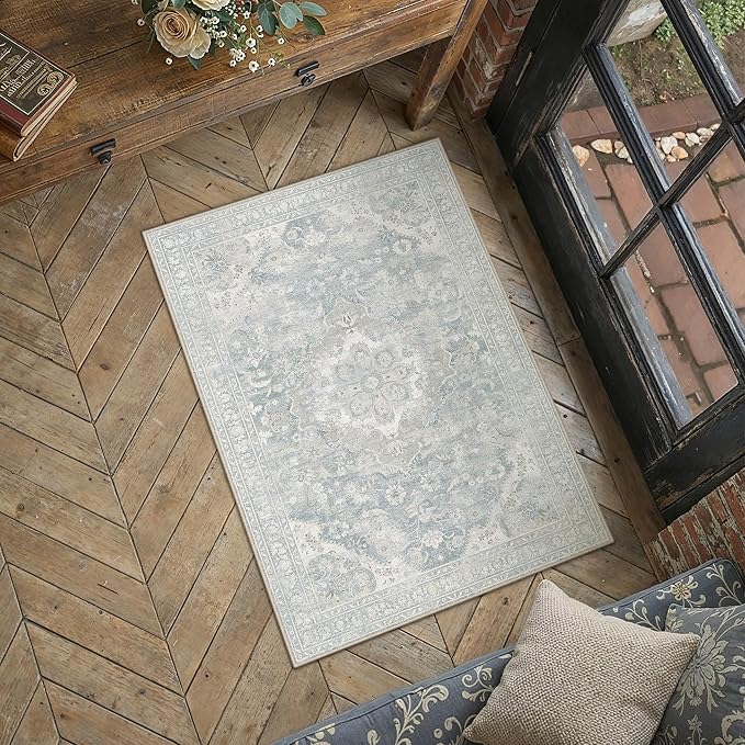 Blue Area Rug 2x3 Entryway Vintage Floral Non-Slip Door Mat | Machine Washable, Soft, Low Pile, Distressed, for Kitchen, Hallway, Bathroom, Retro Neutral Decor