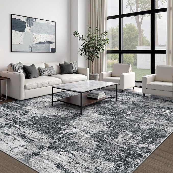 pmtsns Area Rugs 8x10 for Living Room: Washable Rug Modern Abstract Neutral Soft Non-Slip Low-Pile Indoor Large Carpet for Bedroom Dining Room Playroom Home Office (Black Grey, 8'x10')