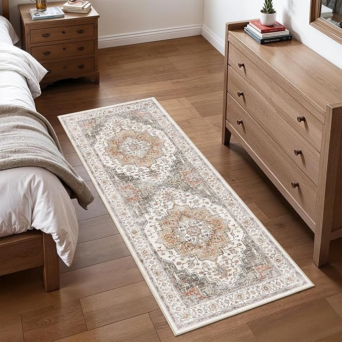 2x5 Vintage Runner Rug Low Pile Non-Slip Washable Kitchen Rug | Retro Distressed Print Rug Orange Gray Carpet Stain Resistant Non-Shedding Long Rug for Hallway Kitchen Bedroom Laundry Room