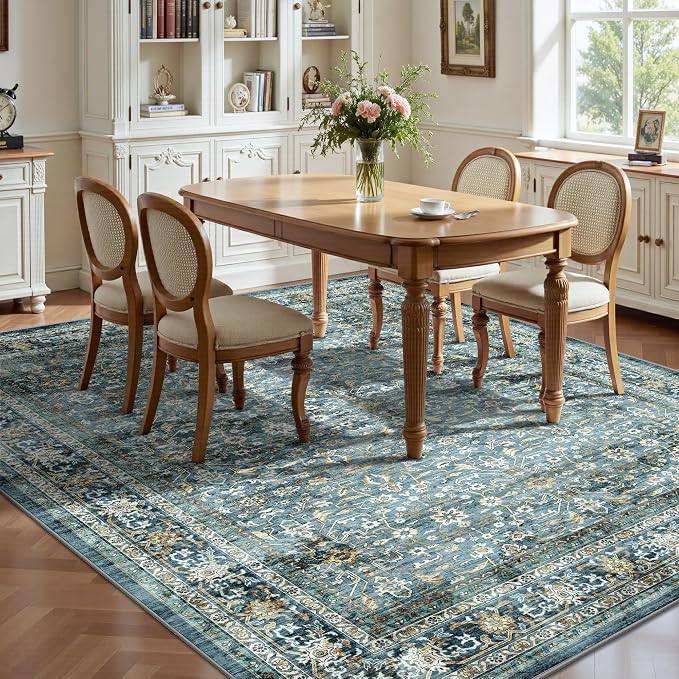 6x9 Area Rugs - Washable Vintage Retro Living Room Rug, Soft Ultra Thin Non Slip Low Pile Traditional Distressed Boho Carpet for Bedroom Dining Room Nursery Home Office, Blue