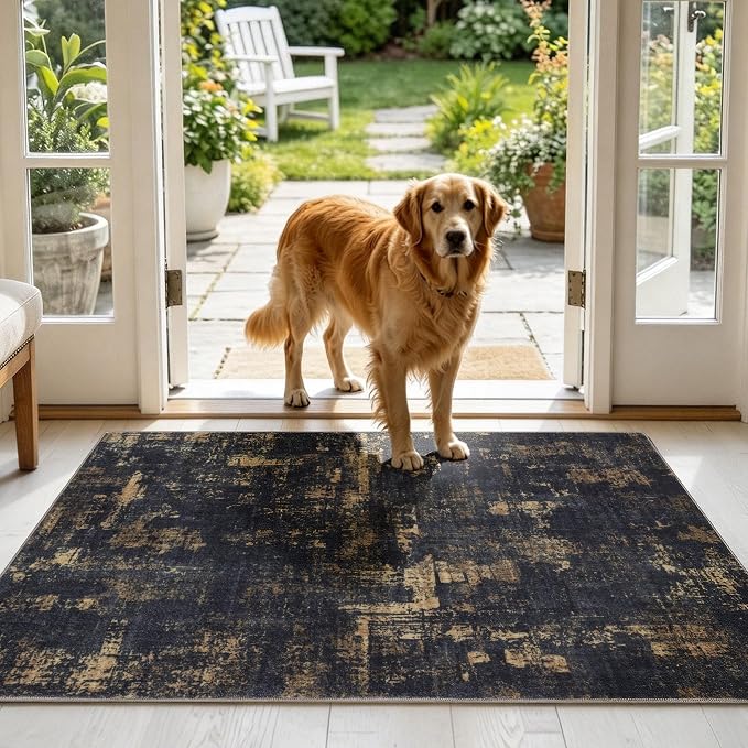 Sasttie 3x5 Entryway Area Rug, Modern Abstract Small Carpet, Black & Gold | Machine Washable, Ultra-Soft Faux Wool, Non-Slip, Low Pile, Throw, Thin, for Entrance, Door-Mat, High-Traffic Areas