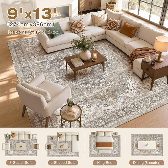 DTICON Vintage Washable 9x13 Area Rug Living Room Rugs, Taupe | Boho Distressed, Pet & Kid Friendly, Non-Slip Backing, Soft Polyester, Low-pile Carpet for Living Room, Bedroom, Dining Room