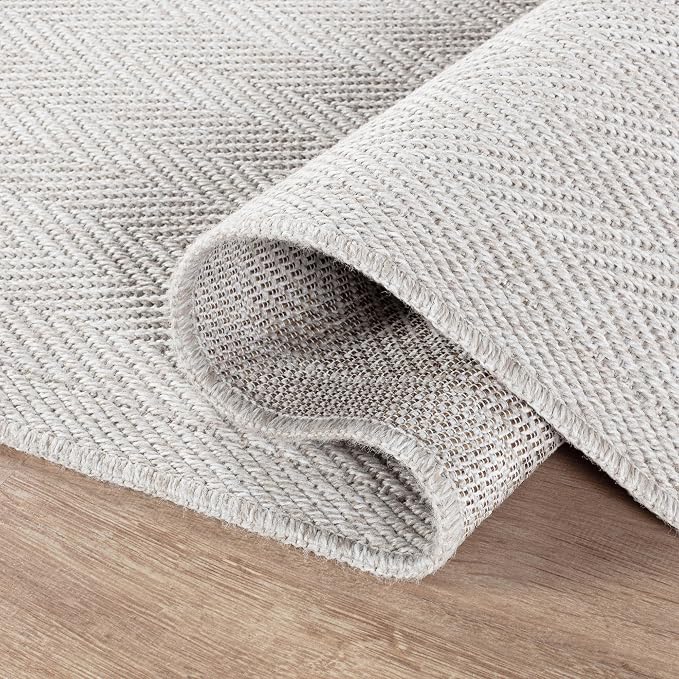 CAMILSON Indoor and Outdoor Runner Rug Off-White Herringbone Seagrass Boho Design Easy-Cleaning Non Shedding Fiber Living Room Bedroom Garden Patio and Kitchen Washable Outside Carpet Alfombras (2x7)