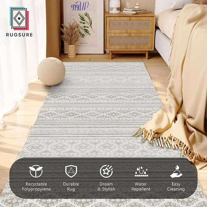 Washable Area Rugs 2'6'' x 8' - 1/6 Thick - Moroccan-Inspired -Stain & Water Resistant Non-Slip - Resistant Rug for Living Room, Bedroom, Nursery, Pet & Child Friendly (Grey)
