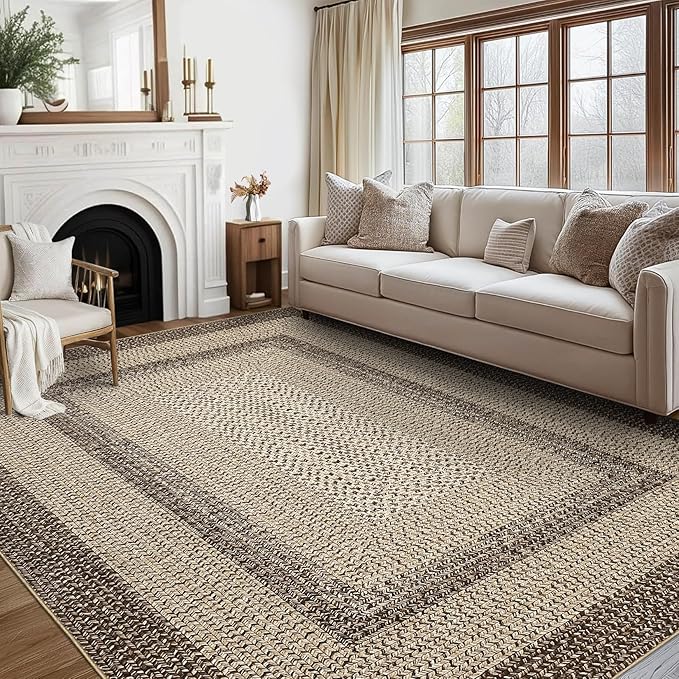 RUGSREAL Large Bedroom Rug 6x9 Washable Braided Print Living Room Rugs | Non Slip Low Pile Farmhouse Rustic Carpet Geometric Bordered Braided Carpet for Nursery Kitchen Home Office, Camel