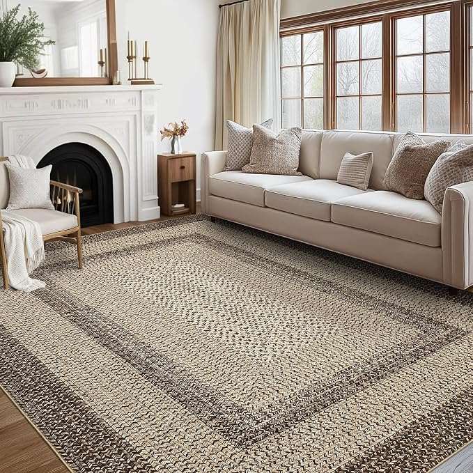 RUGSREAL 10x13 Large Living Room Rug Washable Braided Print Bedroom Rugs | Throw Carpet Farmhouse Rustic Dining Room Non Slip Geometric Bordered Carpet for Home Decor Office, Camel
