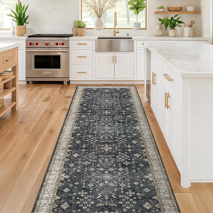 Black Washable 10ft Long Runners for Hallways, 2'6"x10' Wide Kitchen Runner Rug, Entryway Indoor Rug, Non Slip Rubber Backing Boho Vintage Floor Decor