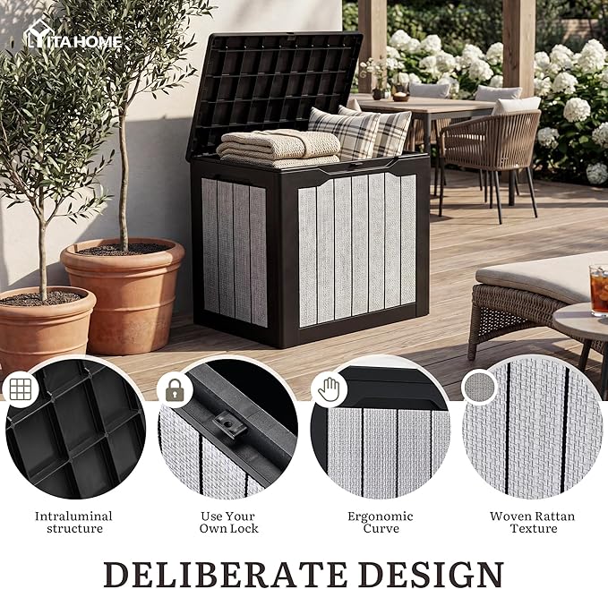 YITAHOME 35 Gallon Deck Box, Waterproof Resin Outdoor Storage Box, Doubles as Bench Seating for Patio Furniture Cushions,Garden Tools & Pool Accessories, Black & Gray