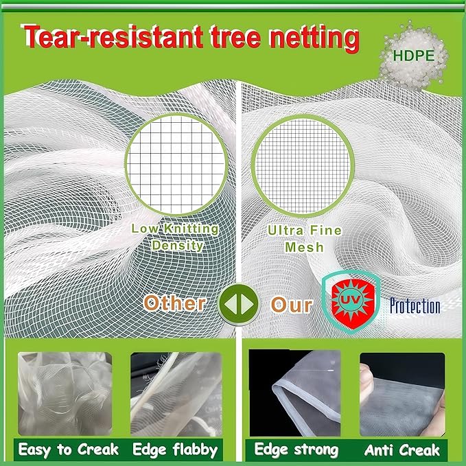 Extra Large Fruit Tree Netting (2P, 12.5×12.2Ft) with Drawstring & Zipper - Reusable Plant Protection Bag, Heavy Duty PE Mesh Cover for Blueberry Bushes - Blocks Birds/Deer/Squirrels
