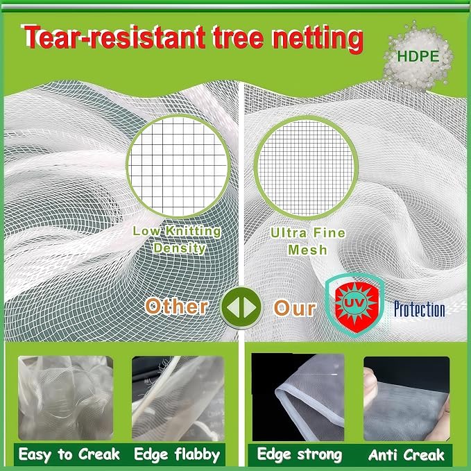 1Pack 10×13.7Ft Extra Large Fruit Tree Netting with Drawstring & Zipper - Reusable Plant Protection Bag, Heavy Duty PE Mesh Cover for Blueberry Bushes - Blocks Birds/Deer/Squirrels