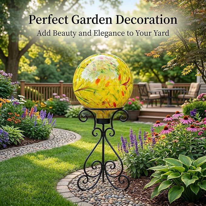 Glass Outdoor Gazing Globe, 10" Hand Blown Yellow Swirl Gazing Ball | Decorative Garden Orb for Yard, Patio, Lawn & Flower Beds