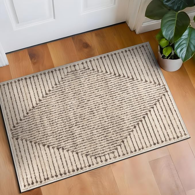 Rugshop Abstract Line Pattern Neutral Decor Area Rug Beige 2' x 3' | Rectangular, Size 2' x 3', Living Room, Bedroom, Dining Room, Home Office, Kitchen, Entryway, Hallway, Nursery, Kids Room