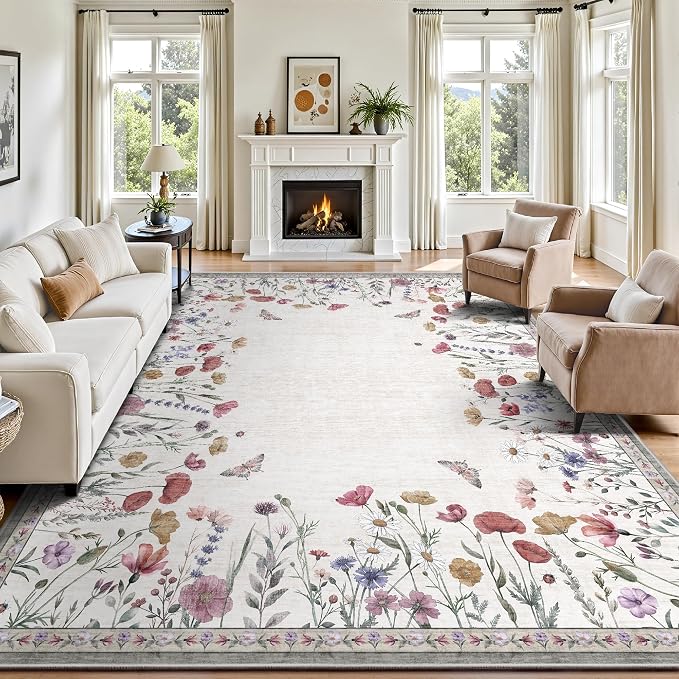 8x10 Area Rugs, Machine Washable Low Pile Floral Rugs for Living Room, Bedroom, Large Area Rug with Non-Slip Backing for Dining Room(Classic Beige)